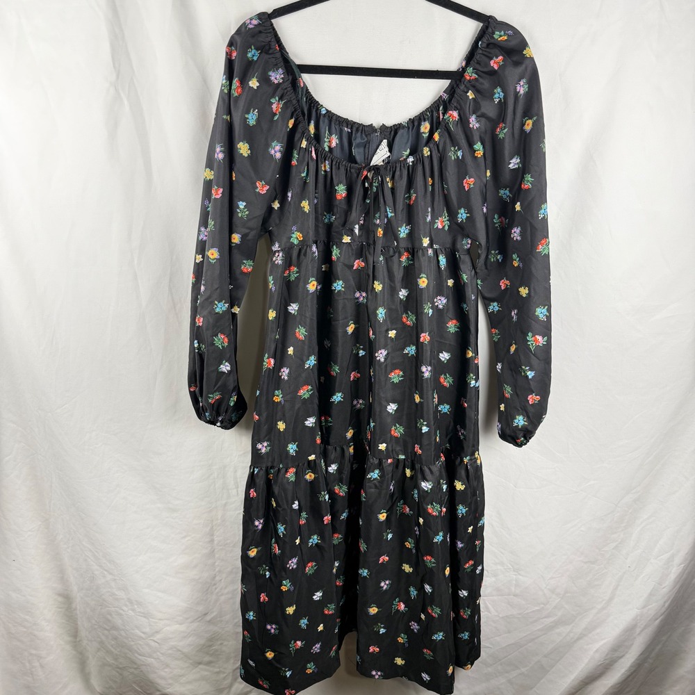 Vintage Black Balloon Sleeve Ditsy Dark Floral Midi Peasant Dress Whimsigoth‎ 12